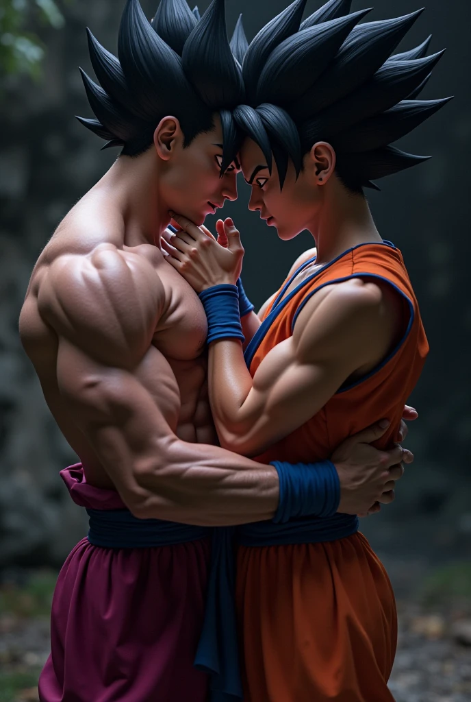 ((((Son Goku and Chi-Chi kissing each other, Dragon Ball)))), Dragon Ball world background, bikini briefs and string bikini, (((a nude bodybuilder and a nude female bodybuilder))), a handsome guy and a cute girl, expression of love, (((very muscular body, vascularity, veins))), upper-body portrait, upper-body Image, real man and woman, barefeet, barefoot, (abnormally developed muscles), (((color Image))), masterpiece, best quality, high resolution