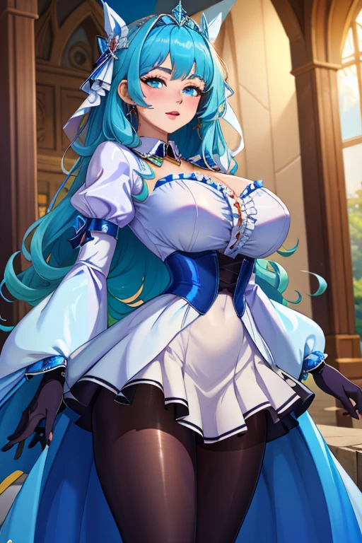 A blue-haired blue-eyed age girl, with big breasts but not too large, wearing a silver-blue gown, background is a ballroom