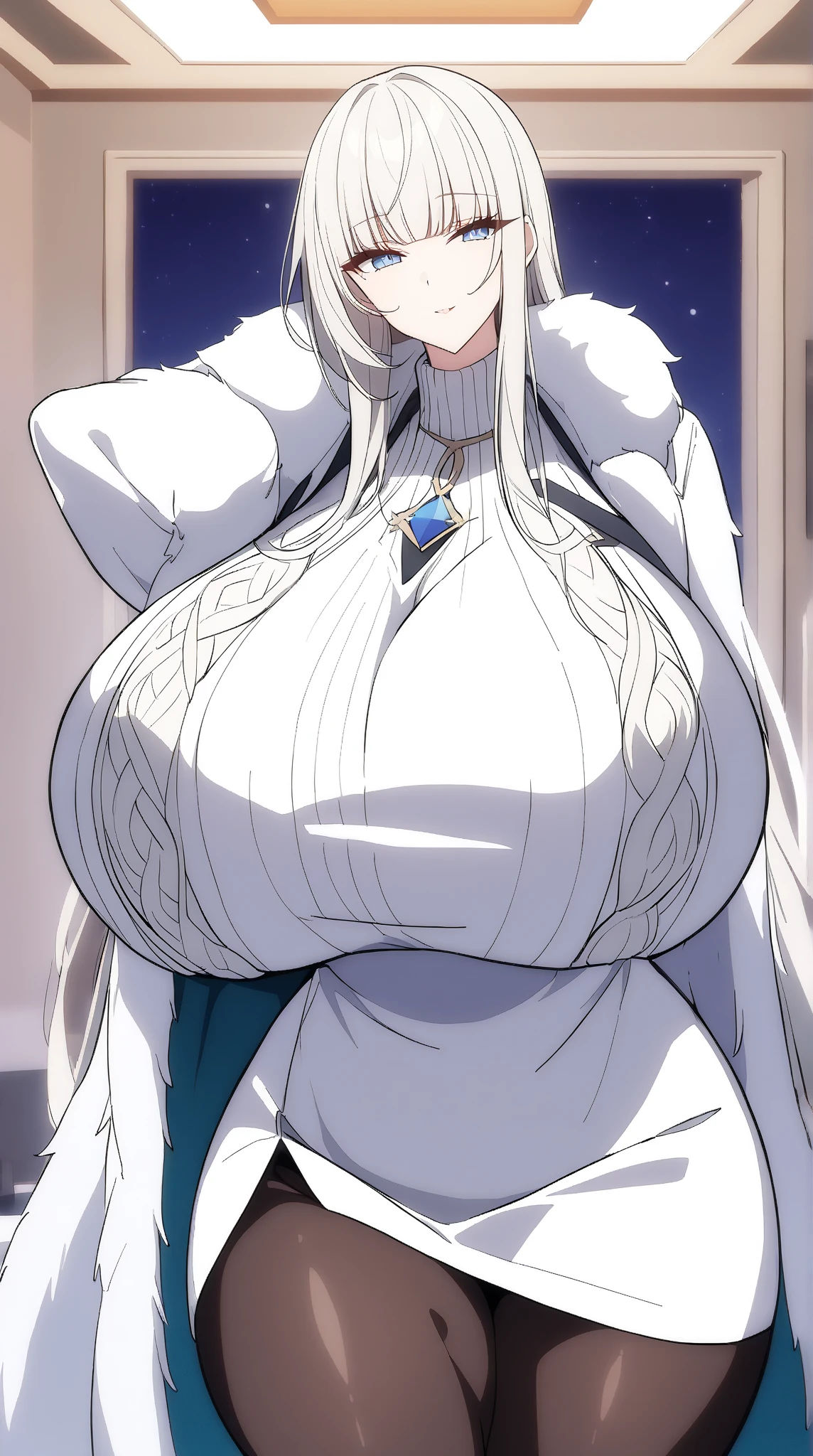 (Female chest covered)(smile) Gray skin, pale golden hair and violet eyes. She prefers clothing of white and silver with cloaks of deep blue or purple, village background, huge_knockers ((very precise detailed)) ((highres)
