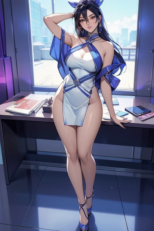 masterpiece,Glowing brown hair，8k、(解剖学的に正確な人body描写)(World-class depictions,Art Graphics)(リアルな立body感、realistic perspective,ドラマティックでdelicateな陰影)(dramatic lighting)(big clear blue eyes)(friendly and gentle look)(Wide angle of view)(realistic texture)(Slightly rounded face shape)(white skin)(Slightly rounded face shape)(Outdoor photography)(超delicateな髪の毛の描写)(slightly open mouth)(shining blue ponytail)With light brown eyes，(リアルな立body感)(Cinematic depiction)(delicateな顔の描写,bright smile,dramatic lighting)(Rim lighting)(Parting the front hair into left and right sides)、(The forehead is visible)、(Neat and clean smile)、(Bold cleavage)(many spectators are watching)(Future bike exhibition)(large lcd panel、Work display POP panel)((full body:1.3))(Showing the forehead)(Exposed from neck to shoulders)(slim,big breasts)big breasts，white skin，delicate，big breasts、body、(Vinyl coating erotic air force off shoulder miniskirt uniform,No collar)、(motor Show)