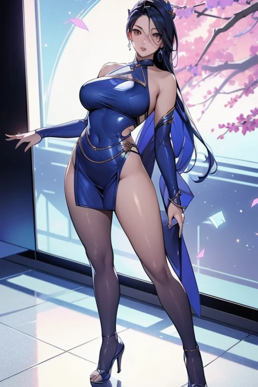 1girl, large breasts, leotard, white leotard with blue accents, bare legs, boots, matching boots, bracelets, city backdrop, solo, single, standing, full body shot, cowboy shot, beautiful detailed eyes, mature lady, purple hair, long hair