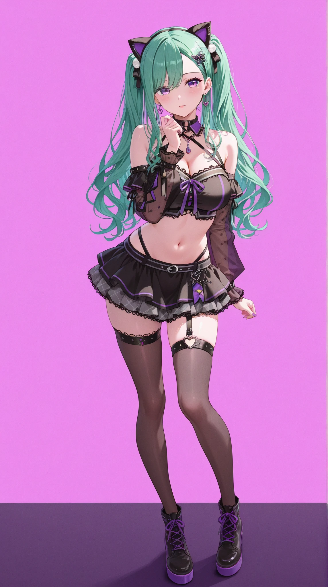 (succubus), small demonic wings, adolescent, curved animal horns, (retain current proportions), thin black heart shaped tail, black Japanese outfit with purple accents, large breasts, cleavage, demonic, stealth getup, (fishnet stockings)