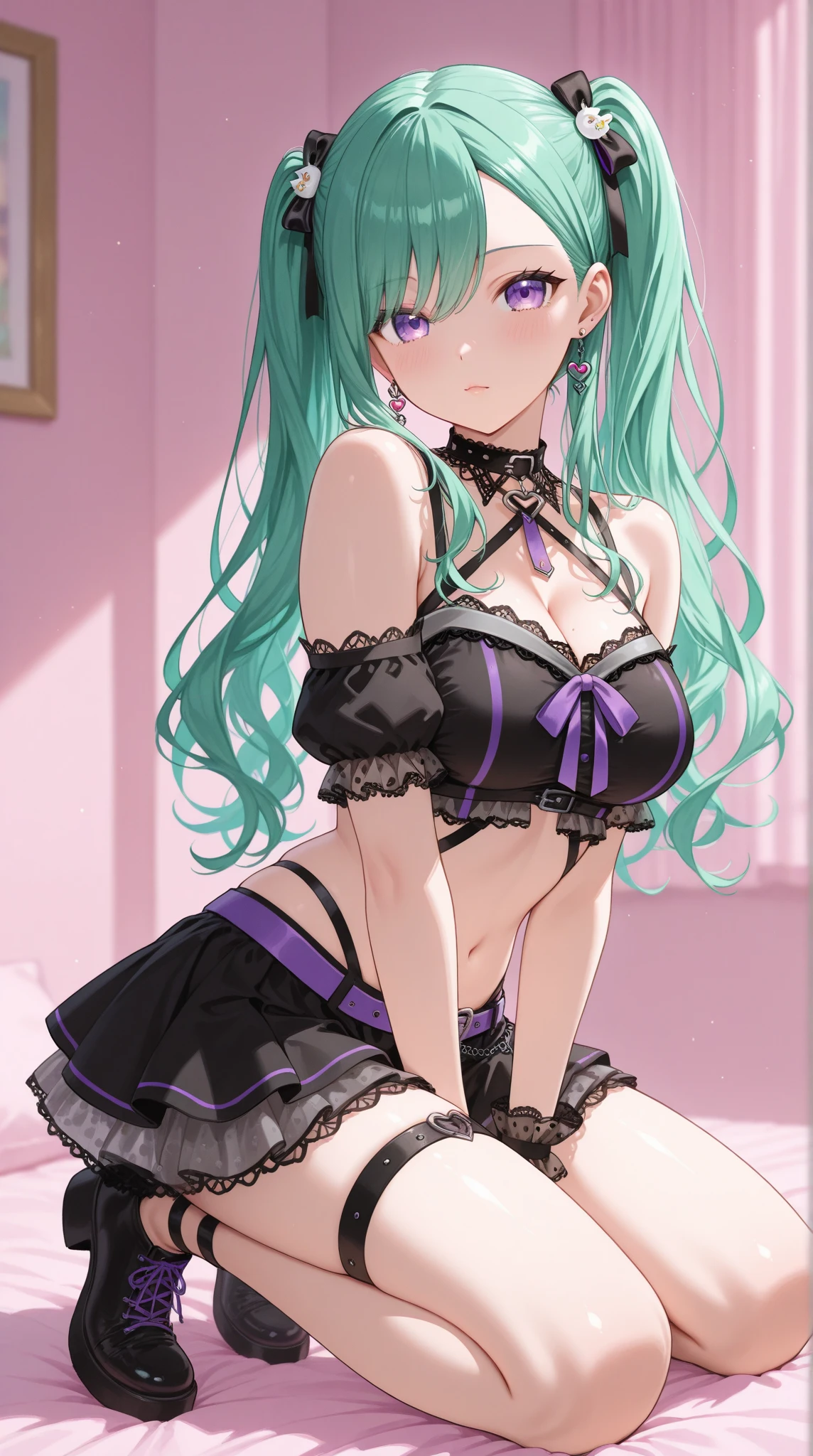 (masterpiece:1.3), (absurdres:1.3), (best quality:1.3), hand of Guido Daniele, (ultra-detailed:1.3),(best shadow:0.7), (handled hair), 1girl, solo,
yakumodd, green hair, purple eyes, long hair, large breasts, twintails, heart earrings, rabbit ears, hairband, black dress, necktie, detached sleeves, wrist cuffs, clothing cutout, bow, thigh strap, bare shoulders, brown pantyhose, bra,
smile, closed_mouth, standing, arms_behind_back, from above,
BREAK indoors, window, lighting,