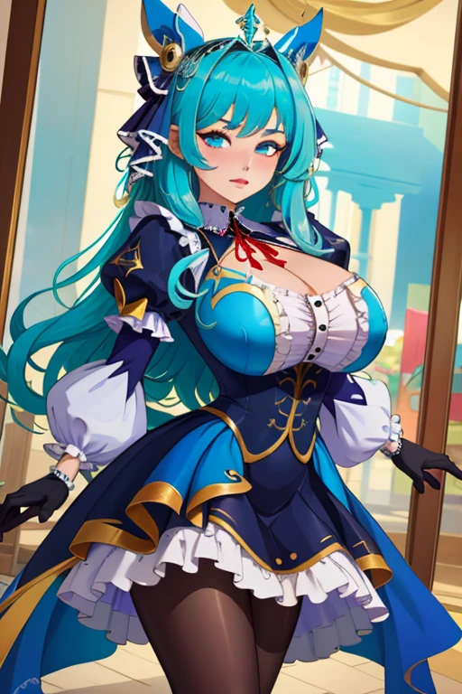 (white clothes), (lace queen), smile, best image quality, best quality, super high definition, masterpiece, one girl, cute, beautiful girl, big, perfect body,
white background,
dress with open chest, cleavage, light blue long hair, red hat, boots, choker, (sagging eyes),
cherry hair ornament, bell hair ornament, flowing long hair, short sleeves, thighs,