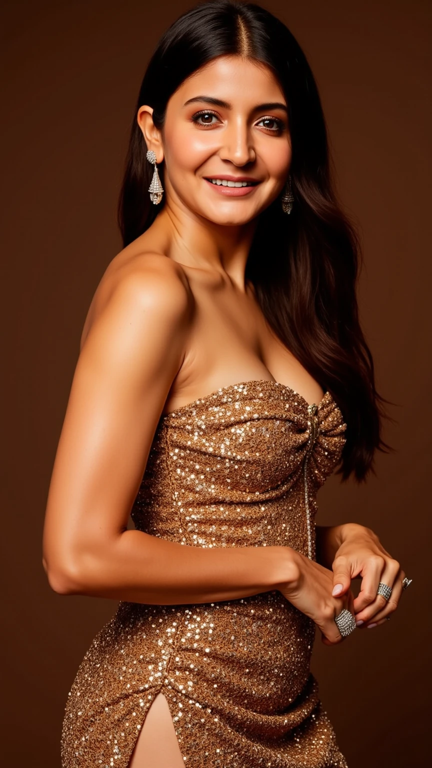 Bahraini beauty Evelyn Khalifa smiles on stage in a low-cut dress、whole body