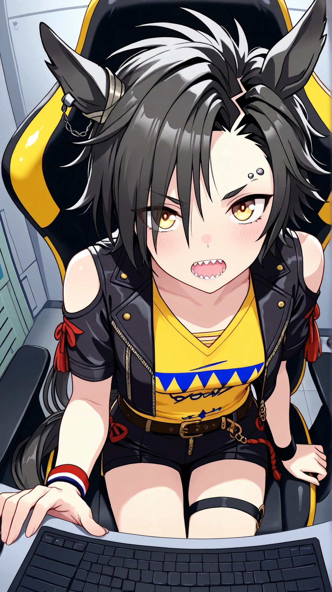 air shakur,umamusume
High quality , best quality , masterpiece, High Resolution , detailed face( LoRA: air shakurdef),anatomically correct, detailed hair(LoRA: air shakurdef) ,detailed bangs(LoRA: air shakurdef),anime
coloring
solo, 1 girl, Adult woman, cool woman
horse tail, sharp teeth, asymmetrical bangs, horse ears, ear ornament, yellow eyes, black jacket, cropped jacket, shoulder cutout, open jacket, short sleeves, yellow color V-neck shirt(yellow shirt), clothing cutout, black shorts, short shorts, belt, thigh strap, eyebrow piercing, ear piercing, wristband, Small breasts,slender
close up , looking at viewer ,from above,upper body
Server room, gaming chair, personal computer
open mouth,