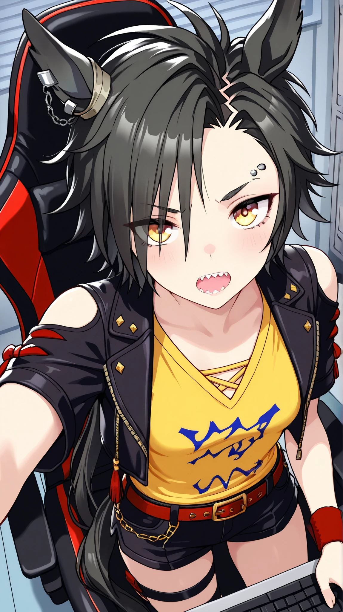 air shakur,umamusume
High quality , best quality , masterpiece, High Resolution , detailed face( LoRA: air shakurdef),anatomically correct, detailed hair(LoRA: air shakurdef) ,detailed bangs(LoRA: air shakurdef),anime
coloring
solo, 1 girl, Adult woman, cool woman
horse tail, sharp teeth, asymmetrical bangs, horse ears, ear ornament, yellow eyes, black jacket, cropped jacket, shoulder cutout, open jacket, short sleeves, yellow color V-neck shirt(yellow shirt), clothing cutout, black shorts, short shorts, belt, thigh strap, eyebrow piercing, ear piercing, wristband, Small breasts,slender
close up , looking at viewer ,from above,upper body
Server room, gaming chair, personal computer
open mouth,