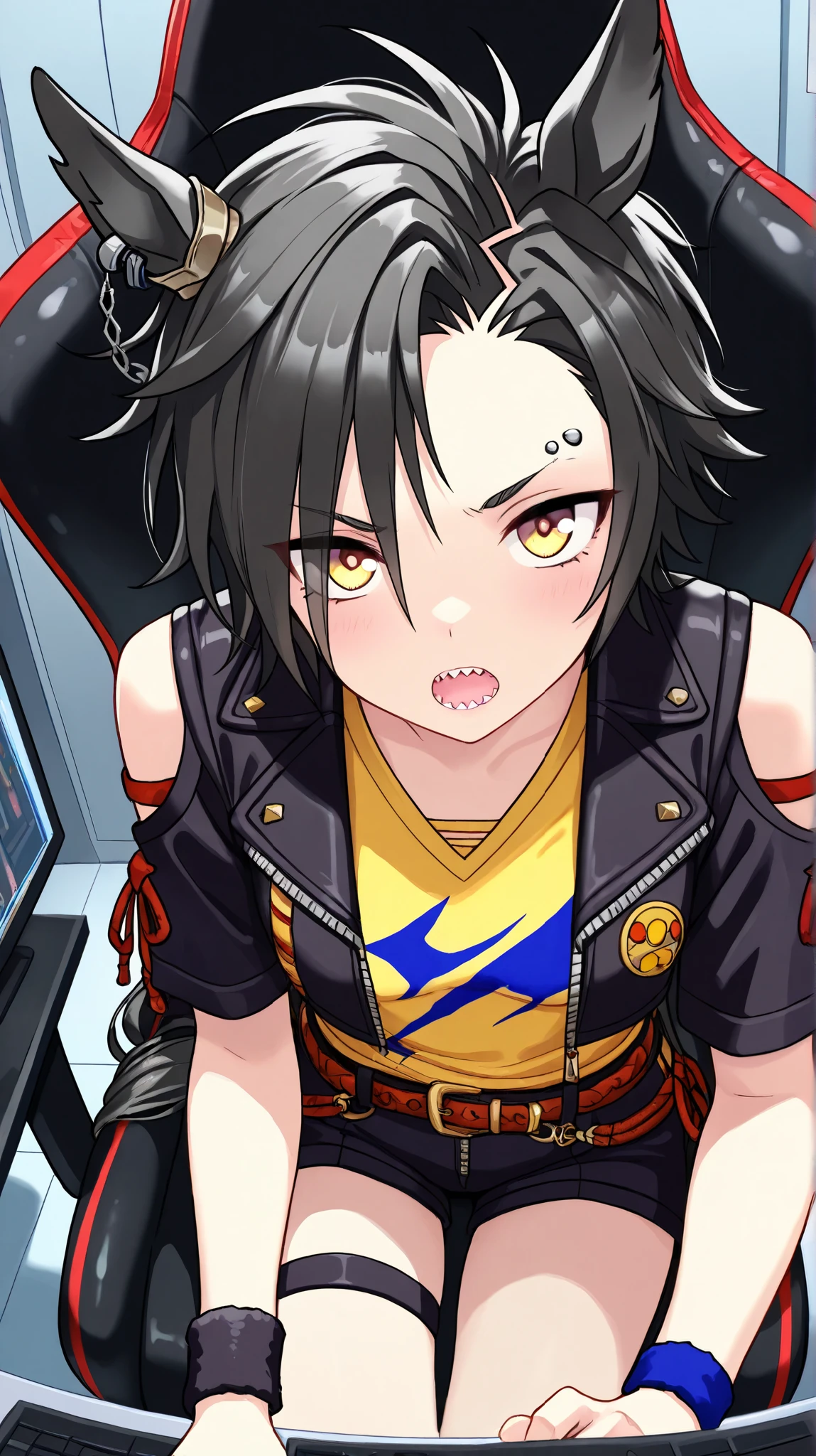 air shakur,umamusume
High quality , best quality , masterpiece, High Resolution , detailed face( LoRA: air shakurdef),anatomically correct, detailed hair(LoRA: air shakurdef) ,detailed bangs(LoRA: air shakurdef),anime
coloring
solo, 1 girl, Adult woman, cool woman
horse tail, sharp teeth, asymmetrical bangs, horse ears, ear ornament, yellow eyes, black jacket, cropped jacket, shoulder cutout, open jacket, short sleeves, yellow color V-neck shirt(yellow shirt), clothing cutout, black shorts, short shorts, belt, thigh strap, eyebrow piercing, ear piercing, wristband, Small breasts,slender
close up , looking at viewer ,from above,upper body
Server room, gaming chair, personal computer
open mouth,