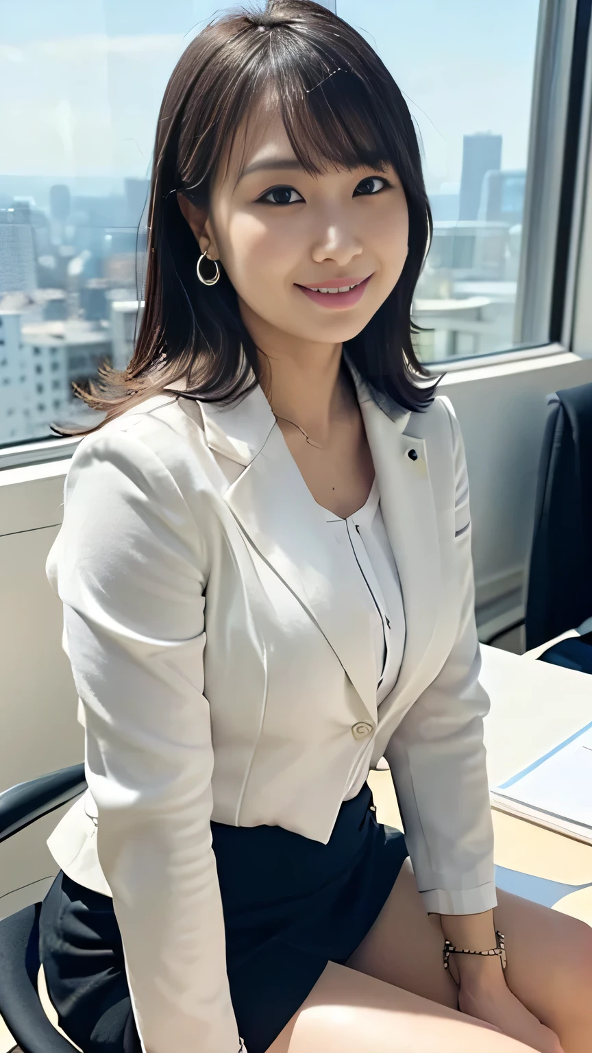 (Japanese office lady, 25 year old japanese woman:1.2), one woman, Extremely Beautiful Women, chair, (White business suit, black business suit, suit skirt:1.3), natural makeup, Beautiful Legs, simple earrings, At the company office, office with desk and chair, Office with Large Window