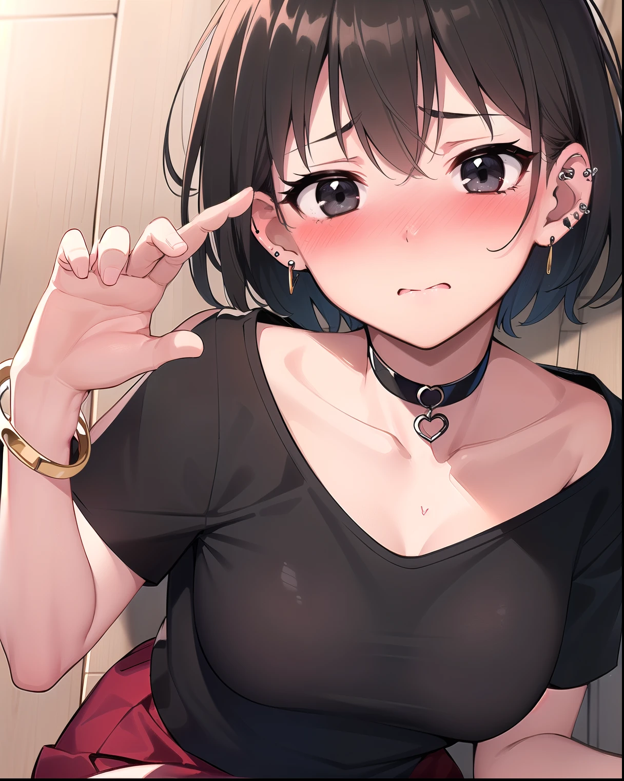 accused, breast focus, intense angle, full-body shot, 1girl, Ultra-thin black gauze tight uniform, disgust, (((bobcut))), Interlocking earring piercing, Hemispherical breasts, medium breast, nipple bulge, ((nipple tassel)), (Southern Hemisphere:1.8), Naked trench, clavicle, turnred face, short twintails, hair strand, huge ahoge, cat pose, shy, jitome, troll, POV, anime, UHD, anatomically correct, masterpiece, best quality, highres, 8k, super detail, award winning, best quality, highres, super detail,finger gun