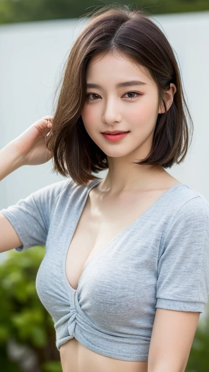 (Best image quality:1.35), high quality, current pictures, (A beautiful woman:1.33), Japanese, beautiful expression, current, (beautiful eyes:1.3), (beautiful eyes:1.3), (double eyelids), (Detailed face:1.3), (long face:1.3), (Smile), (shiny hair:1.2), (black hair:1.3), super detailed, (high resolution:1.35), Sports physique, (big breasts:1.2), (short hair:1.2), (beautiful woman), (cute navel), (Writing boundary depth f/1.2:1.45), sharp focus, original photo, (sprinter's yellow bloomers:1.35), (Simple athlete bloomers:1.5), (Sprinter yellow sport:1.35), (Yellow track bloomers:1.35), (sports bra:1.35), (Spread your arms to the sides:1.35), (Well-proportioned hands and legs:1.25), (Beautiful thigh:1.35), (thigh:1.3), thick round ass, BIG ASS, (Cowboy shooting:1.5), (Track and field at night:1.4), (dark sky:1.2), Model, sexly,