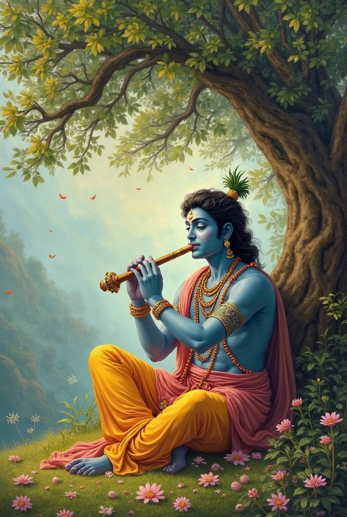 Lord krishna with beautiful face and peacock feather on his head ,He is playing the flute on sitting above the tree,he has good body structure and muscles