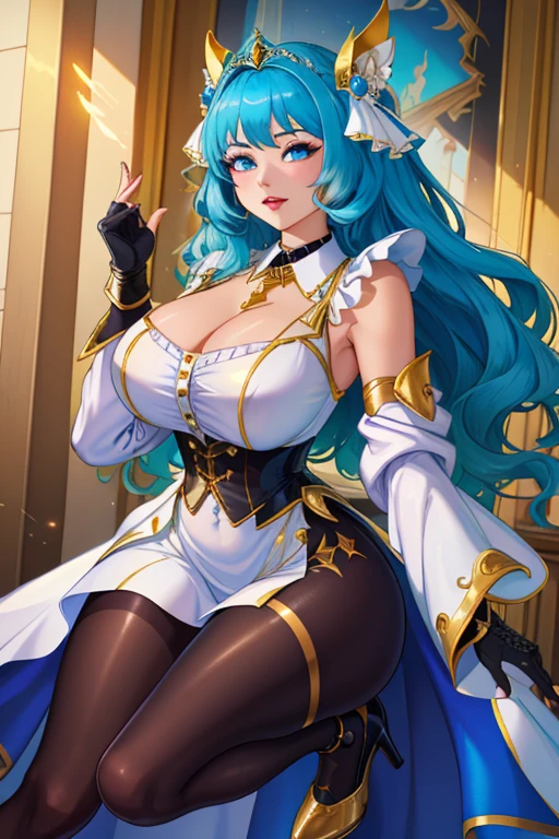 fantasy-style, 1girl, solo, masterpiece, best quality, detailed face, face focus, evil smile, long eyelashes, looking at viewer, dress, big breast, (cleavage), golden, jewelry, standing, (skirt lift), lace trimmed panties, (thong:1.2), shiny skin,