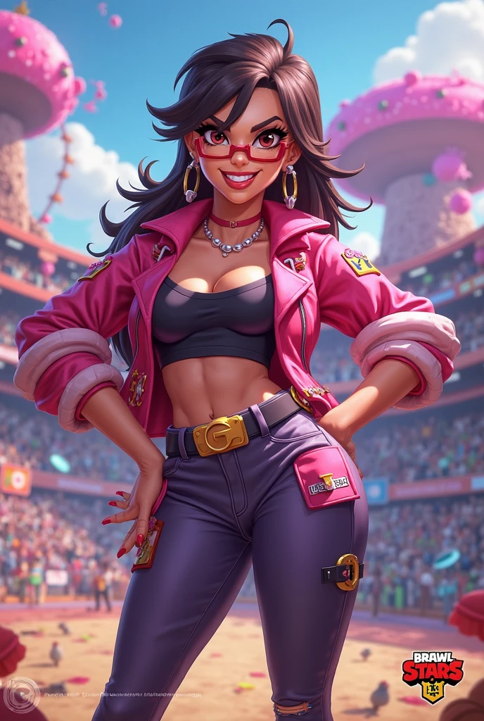 cute American model with stunning 3D resolution 12K character in [gritty Hip-Hop] style, [squatting], panties, [wearing leather jacket], elaborate clothing, big breasts, big ass, hourglass body, headphones, big dark gold glasses, long curly dark hair, [shows butt], looks at viewer, smile, chibi in detailed, background detailed graffiti, highly detailed, bright colors, ultra high quality, Hyperrealism, Photorealism, [octane render].