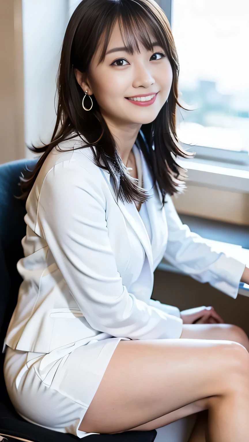 (Japanese office lady, 25 year old japanese woman:1.2), one woman, Extremely Beautiful Women, chair, (White business suit, black business suit, suit skirt:1.3), natural makeup, Beautiful Legs, simple earrings, At the company office, office with desk and chair, Office with Large Window