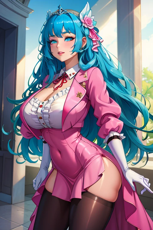((best qualityer)), ((work of art)), (detailded), 1 girl, shoulder to shoulder coat, um close em a one woman, (work of art, best qualityer, beautiful and aesthetic) (a one woman), extremely detailed, colorfully, more detailed, beautfull woman, amber eyes, olhos detaildeds, gentle look, long dark brown dreadlock hair, locks of hair over the shoulders, hair reaching to the middle of the back, cute smile, fine lips, 1,67 meters high, Caucasian skin, Small bust, Waist slender, Broad Hips, wide thighhighs, slim, 23 year old, sexly, sensuous, wearing low-cut navy blue suit in pastel pink sleeveless Italian mafia style interior, big cleavage,Rose boutonnière on the chest in fuchsia pink, covered by a feminine Fuchsia Pink coat, navy blue mafia skirt, Fishnet Strap Type Pantyhose in Fuchsia Pink, navy blue women&#39;s boots with high heels, pastel pink lace gloves, pink sunglasses under the eyes, (realistic background of a staircase in an alley in the style of masterpieces by Guweiz and James Jean with a crooked STOP sign to the right )