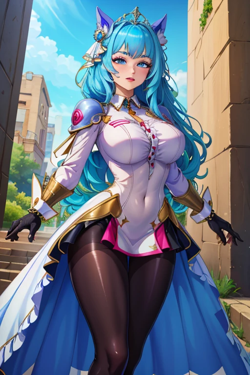 obra maestra, Mejor calidad, obra maestra, cara detallada, ojos detallados, cuerpo completo, 1 chica, pelo azul, pelo largo, blue hair, long hair, red lips, lingerie, medias, rosa en la boca, templo griego, rosas en el suelo, sexy,