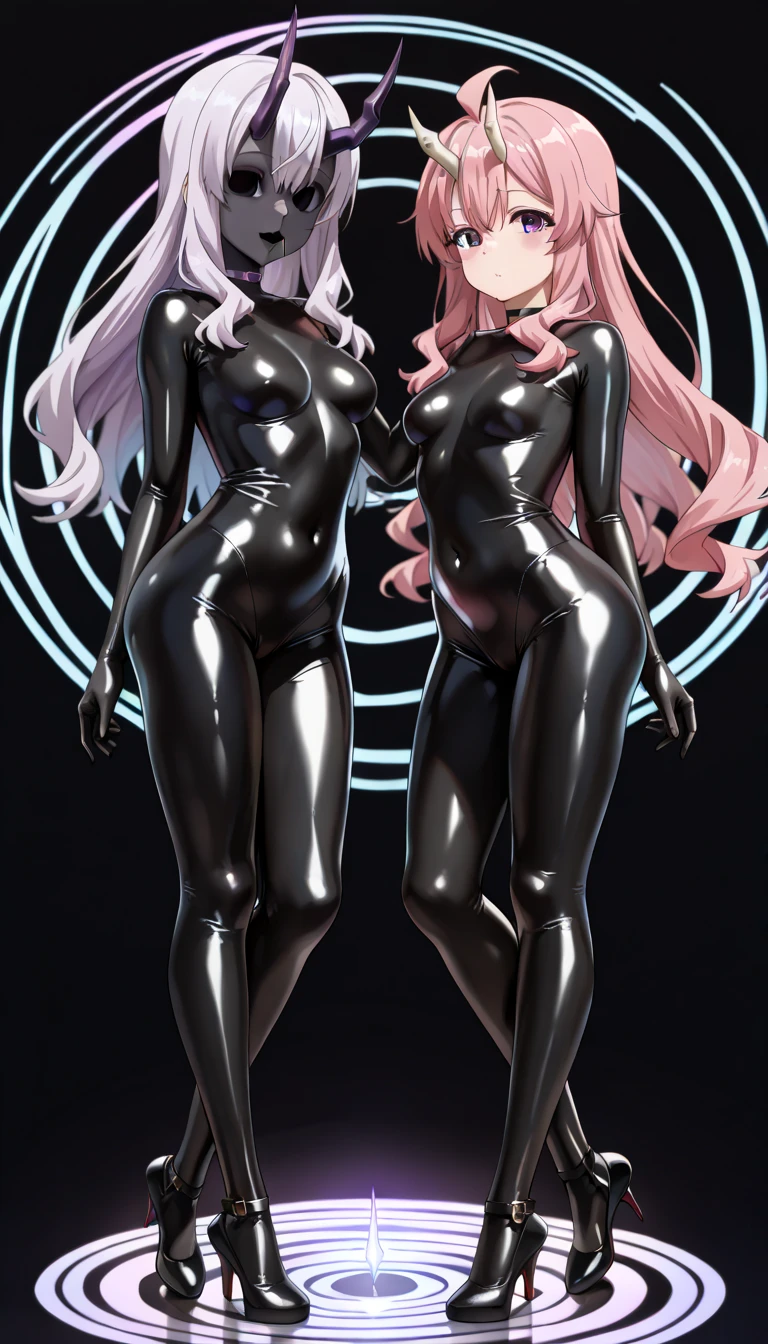 ((Highest quality)), (masterpiece), (detailed), A group of 2 young Japanese girls wear transparent purple latex jumpsuits, Transparent long-sleeved latex clothing covers the upper body, Black latex skirt with transparent hips, Transparent latex full body bodysuit, gray long hair, female love, Sexy, Full breasts and hips, Skin is very smooth, Black transparent latex over-the-knee boots, Clothes are transparent, clear, showing skin, Full body cover with clear latex,Black latex long gloves, Latex is very shiny, Latex clothes are tight, standing side by side, The whole body is covered in plastic wrap。