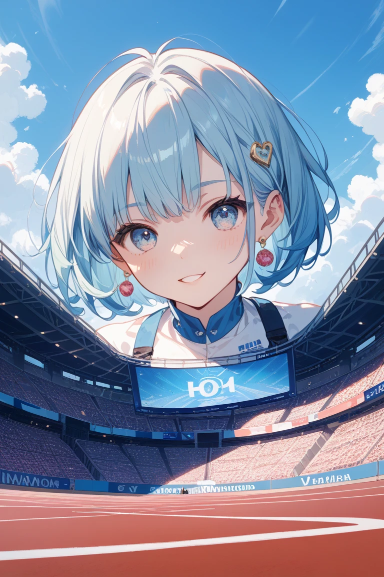 beautiful, masterpiece, Highest quality, anime, One girl, C Cup,Portrait Shot, View your viewers, Covered、Short Hair、nearby、Blue Eyes、art、、White hair,Blue streaked hair、hairpin、Cute smile、Thighs、Cute、Beautiful breasts、Sweat、Volleyball Club、Volleyball uniform、separate、mirror、Private room
