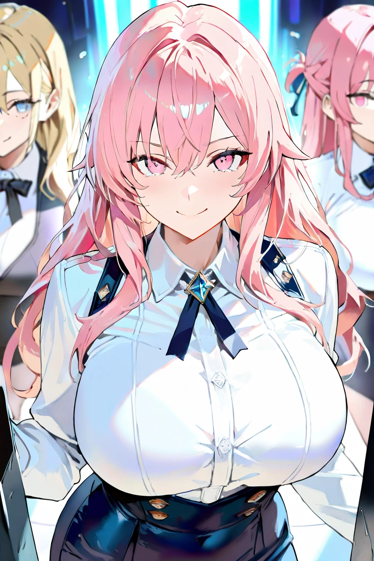 High detailed, 3 girls, matching hairstyles, matching uniforms, matching sizes, violet eyes, Rose pink tones colored hair, huge long hair, busty, chunky body, yellow genetics's uniform, Juliet sleeves, deep cleavage, white skirt, genetics's uniform, juliet sleeves, genetics's uniform, posing together