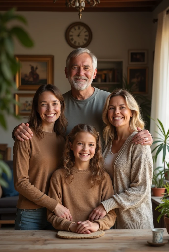 A middle-aged couple, with her 3 happy teenage children