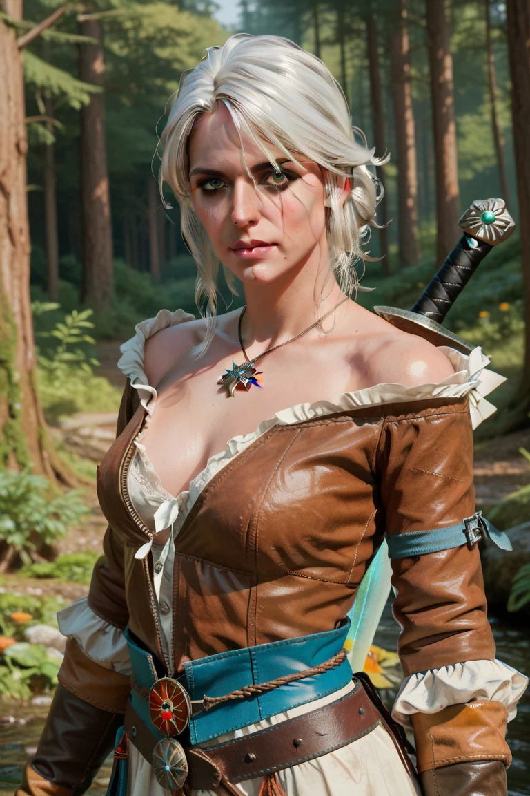 score_9, score_8_up, score_7_up,  Ciri sprinting through a forest, dodging branches, with a portal opening behind her."