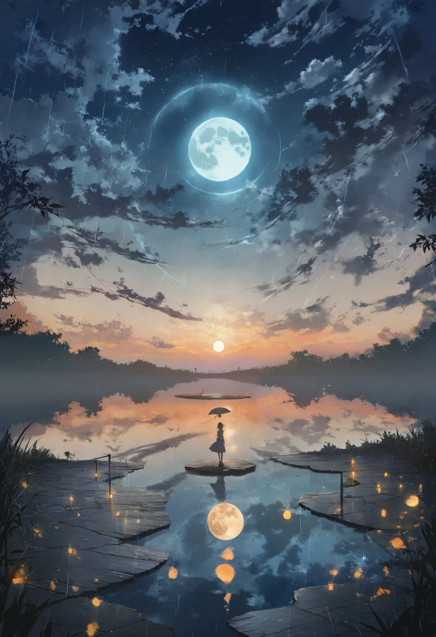 Create an album cover for the song 月の影 (Kage no Tsuki) - Moon Shadow. The artwork should feature a large, glowing moon partially hidden by rain and clouds, casting soft light over a reflective surface like a lake or puddle. Include falling rain streaks and faint shadows of a solitary figure, evoking themes of unrequited love and fading memories. Use a cool color palette (blues, silvers, grays) with warm accents (gold, pale orange) to highlight emotional contrasts. The style should be ethereal and melancholic, with a dreamlike or surreal quality. The title should be written in elegant, handwritten typography that blends seamlessly into the artwork