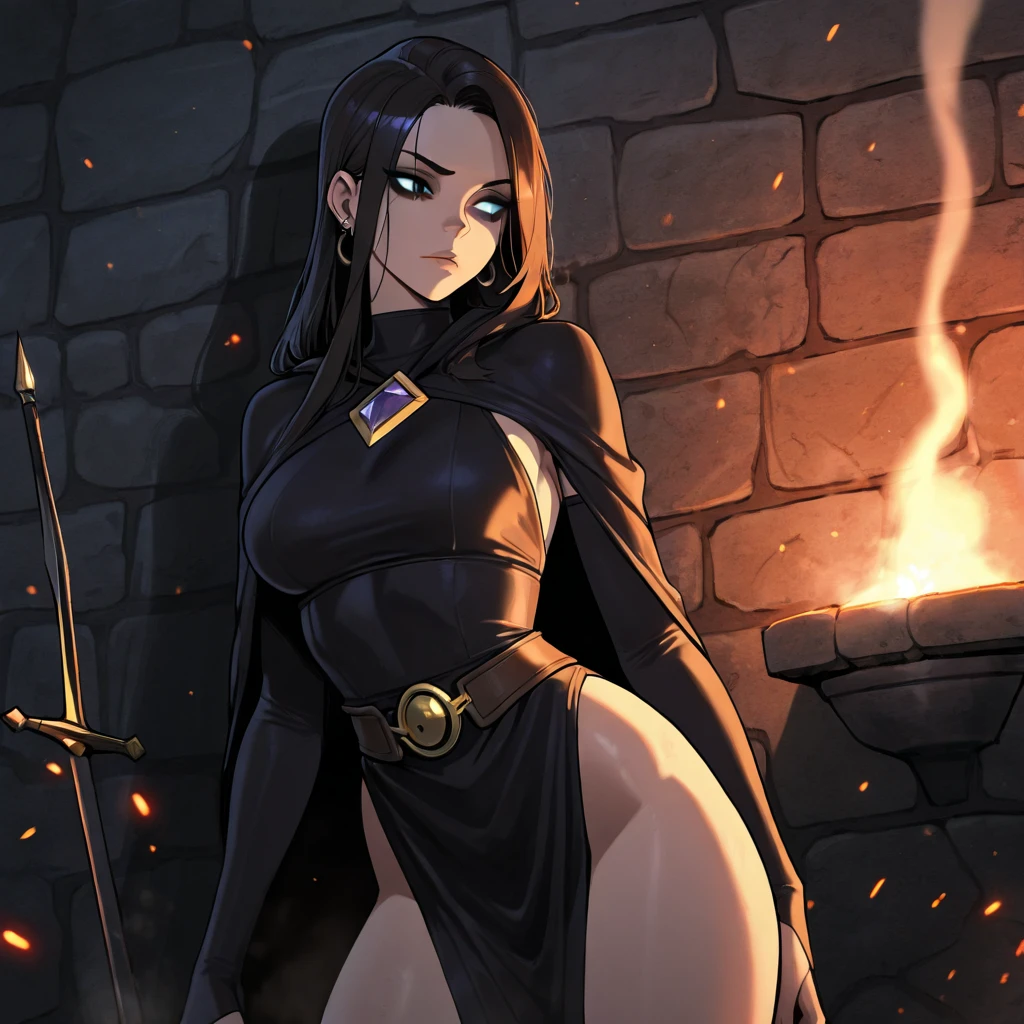 ((woman with long brown hair with ponytail, blue eyes)),((dark skin)),((folded arms)),((facing the viewer)),((giant breasts, bare breasts, curvy woman)),((completely naked, with a belt covering her pussy, wearing a witch's hat, holding a staff)),((smiling face)),((in an evil haunted castle, at night)),