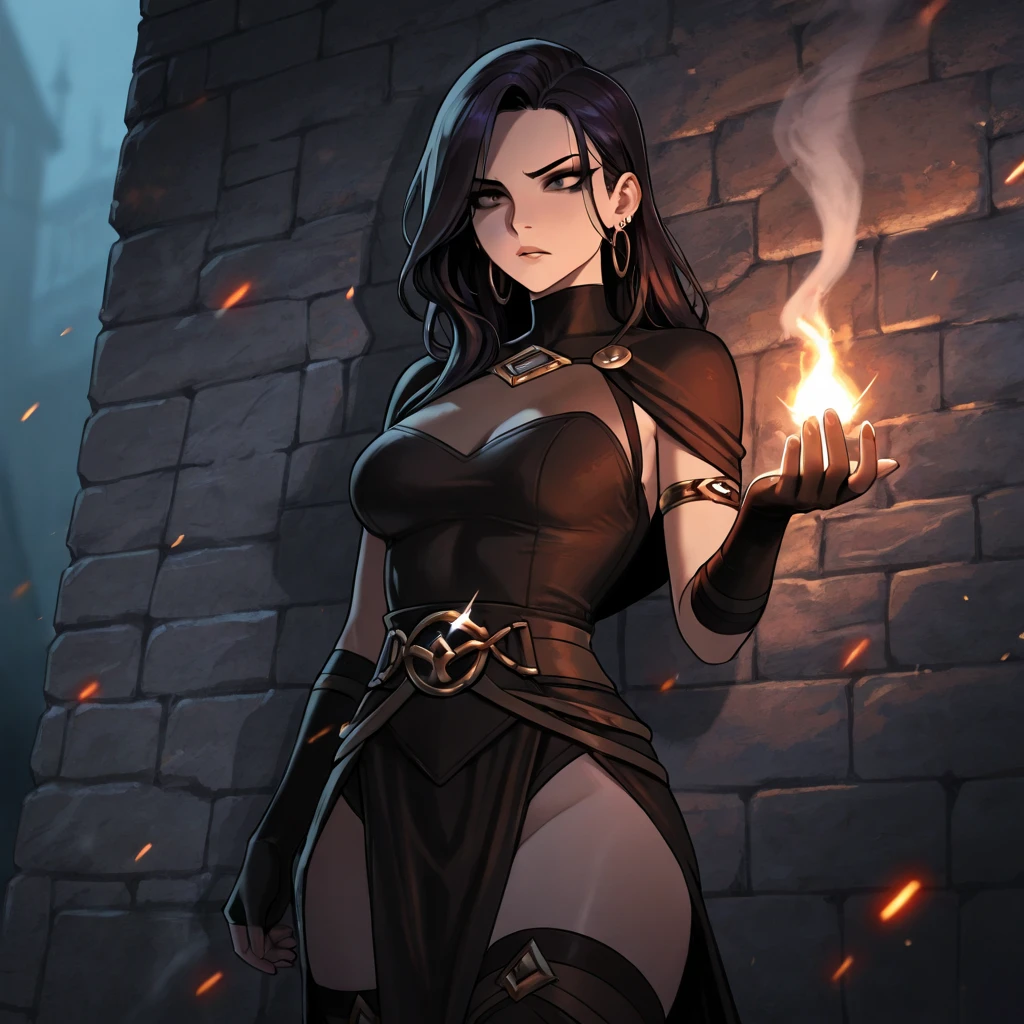 Tall woman, Black hair, Fantasy, RPG, Elf, black torn dress, broken chains on wrist, Crown of thorns, Thorns on eyes, Long hair, crown on eyes, blindfolded, thorns blindfold
