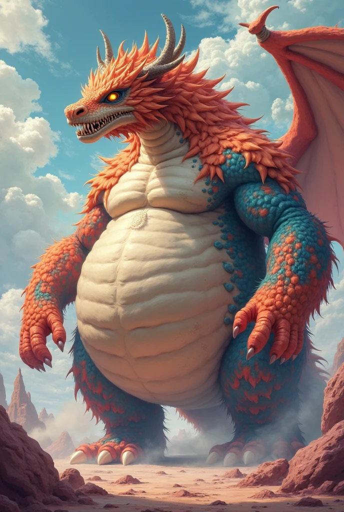 Detailed painting, by Taran Fiddler, closeup, outlook view, wide angle, dragoness, full body, feral, dainty, friendly, colorful, rounded snout, wings, pregnant-like belly, round belly, dominant belly, huge belly, bloated belly, big muscles, wide body, thick body muscles, powerfull muscles, beefy muscles, thick neck, beefy neck, tongue out, open mouth, saliva, voracious, glutonous, tall, enormous, giant, gigantic, colosssal size, gargantuan, kaiju, powerfull look, badass look, looking at viewer