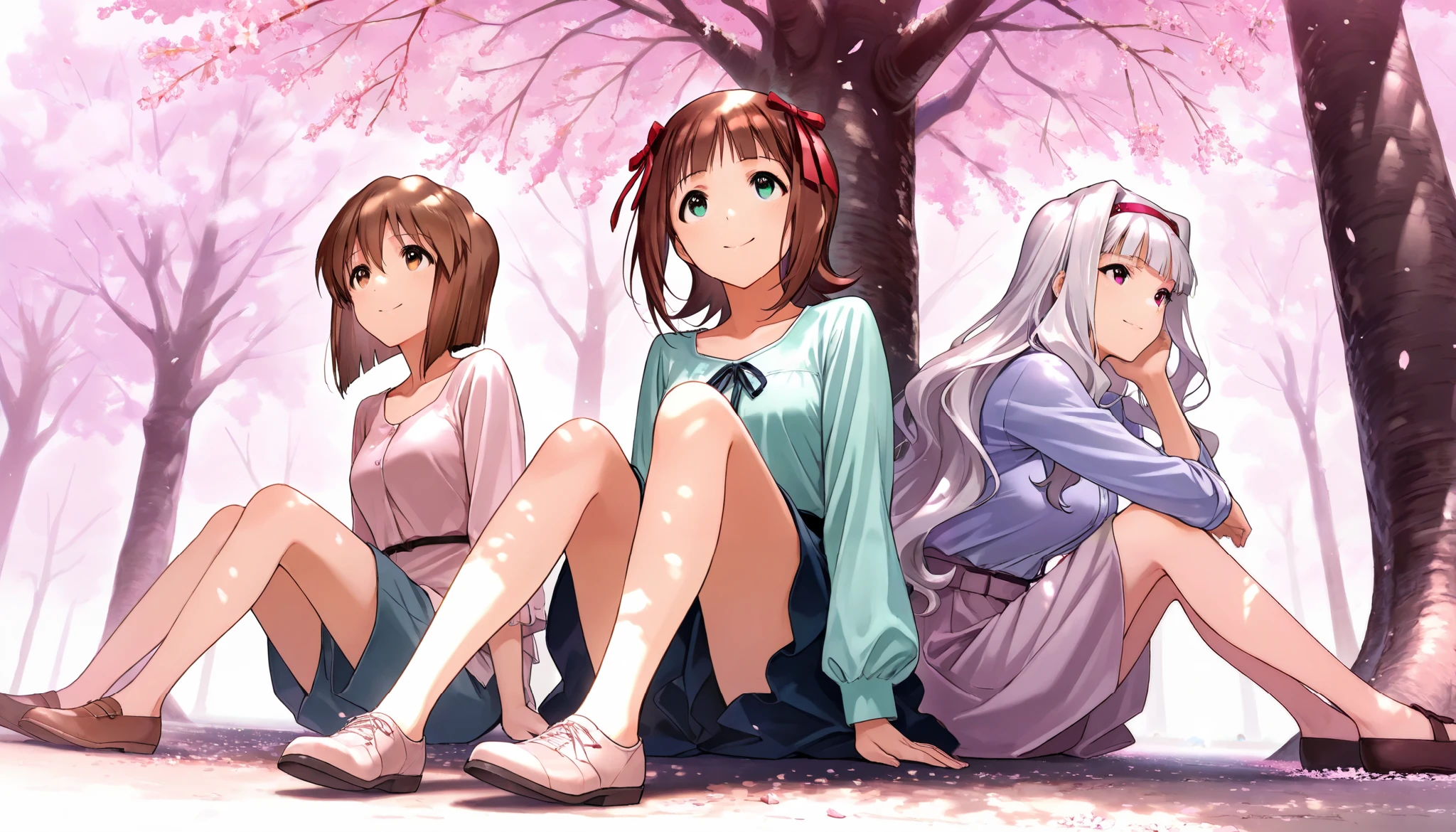 score_9 , score_8_up , score_7_up , source_anime ,(3 girls), Shijou Takane, white hair, long hair, purple eyes, Simple headband, BREAK, Hagiwara Yukiho, brown hair, short hair, brown eyes, BREAK, Amami Haruka, brown hair, short hair, Jade Eyes, Ribbons on either side of the head, BREAK, (Sit on the ground), smile, Looking up at the cherry blossoms, Casual clothes, Under the cherry tree, (low angle)