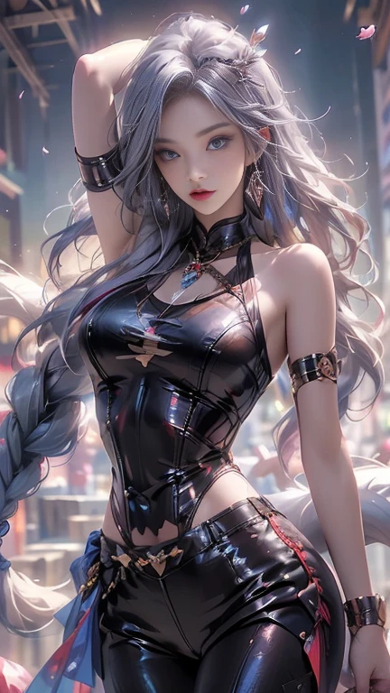 ((best qualtiy)), (tmasterpiece)), (the detail:1.4), 。.3D,(full body shot shot) ,Beautiful cyberpunk tall woman image,(Super long hair hanging down on the ground),(Tall,huge tit,Big breasts Thin waist,Giant buttocks,Long legs),Cyberpunk shoes,hdr(HighDynamicRange),Ray traching,NVIDIA RTX,Hyper-Resolution,Unreal 5,sub surface scattering,PBR textures,Post-processing,Anisotropy Filtering,depth of fields,Maximum clarity and sharpness,Many-Layer Textures,Albedo e mapas Speculares,Surface coloring,Accurate simulation of light-material interactions,perfectly proportions,rendering by octane,twotonelighting,Wide aperture, Low ISO,White balance,trichotomy,8K raw data,Precise iris depiction,Look at the audience with calm and goddess-like happiness,Super beautiful background drawn by WLOP