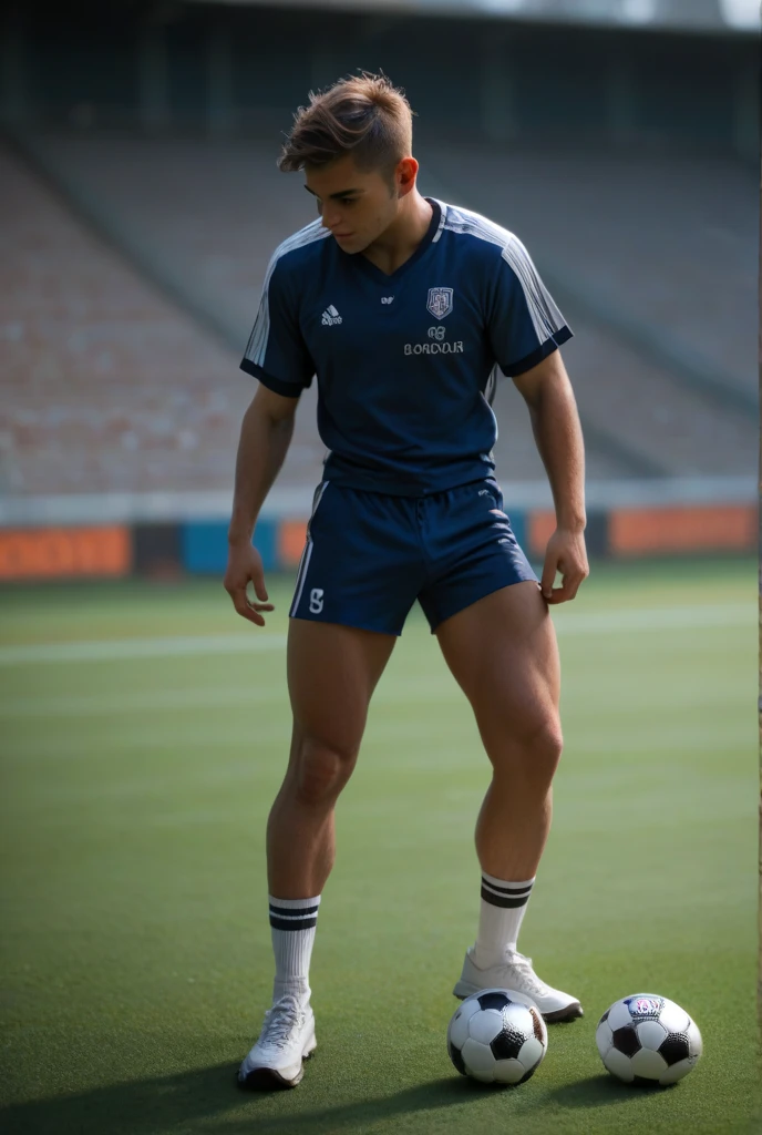 Handsome indian 38 years old GURJAR school physical teacher with football soccer shoes, head to thighs standing in school toilet with spread legs, hd, realistic, photo by Nikon camera