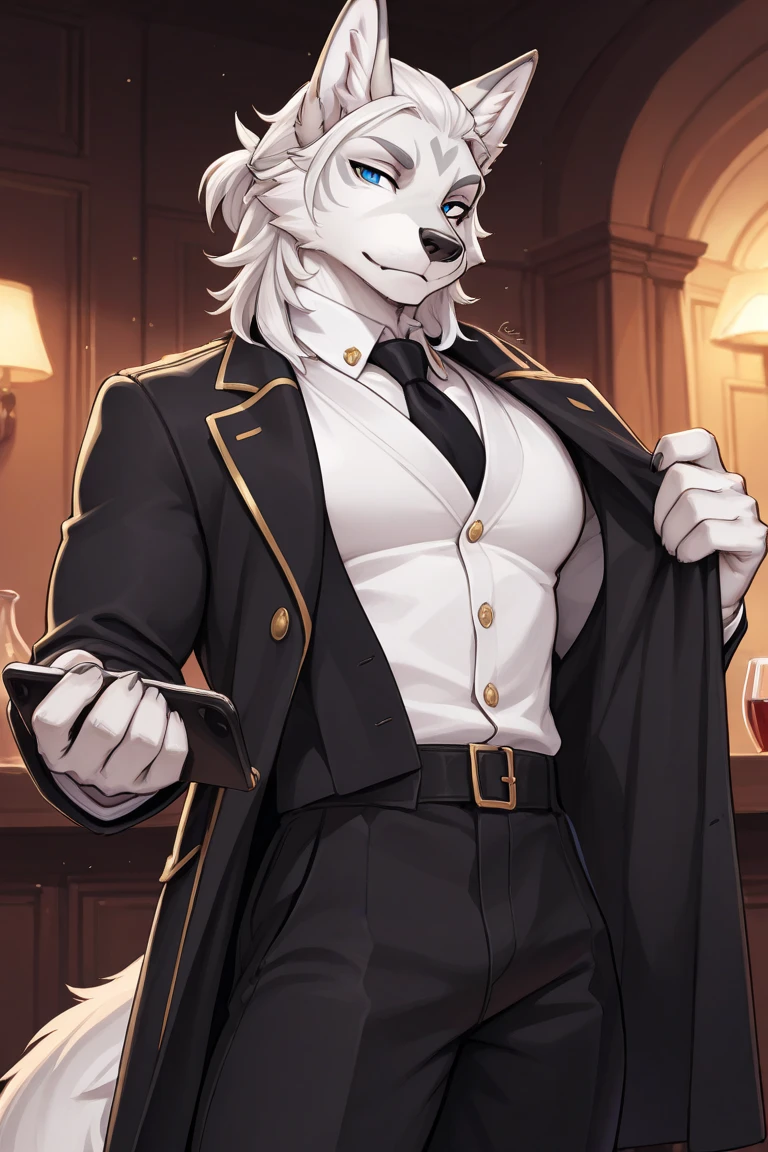 a furry wolf man with graphite colored fur, chocolate colored eyes, wearing an elegant white suit with pocket watch on his waistcoat, wearing a ring on her little finger, holding a glass of whiskey, sitting in a leather armchair, camera angle from bottom to top
