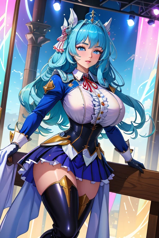 8K, masutepiece, Raw photo, Best Quality, Photorealistic, Highly detailed CG Unity 8k wallpaper, depth of fields, Cinematic Light, Lens Flare, Ray tracing, (Extremely beautiful face, Beautiful lips, Beautiful eyes), intricate detail face, ((Ultra detailed skin)) 1girl in, In the Dark, deepshadow,  (Very slim and slender fit muscular body:1.3), ((Looking at Viewer)),(), (Blurred background),(No people in the background:1.3), Beautiful earrings, Bracelets, pantyhose, Clear eyes, Walking, (pale skin), (Big eyes), Face forward, (), (((sexy blue and white magical girl costume,skirt by the))), (()), , (Looking at Viewer:1.3) opened breast, Very slim, medium breasts, backtrack, (Back shot), ass forcus, Before the eyebrows,(), thick thighs,,Beautiful ponytail,,Cosplay
