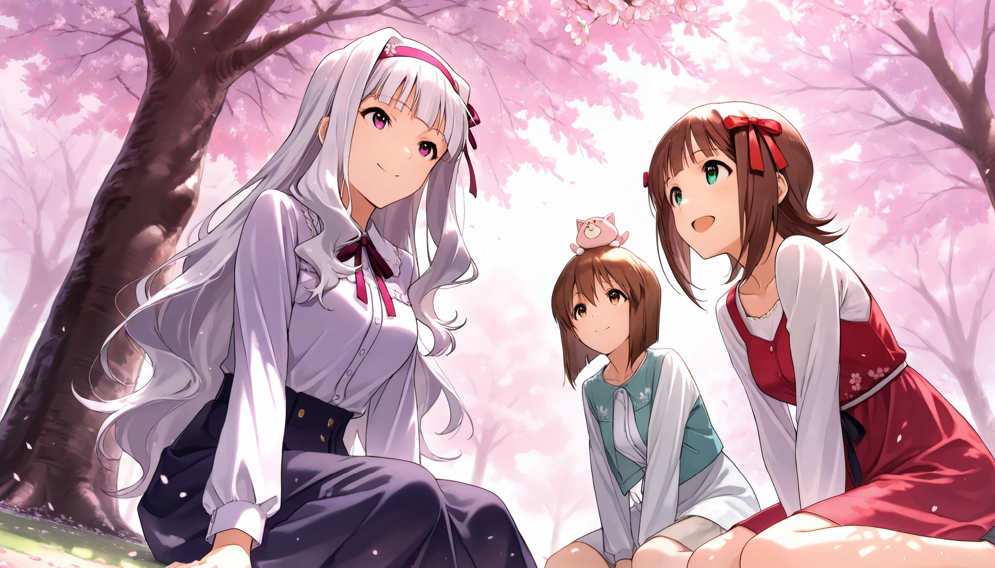 score_9 , score_8_up , score_7_up , source_anime ,(3 girls), Shijou Takane, white hair, long hair, purple eyes, Simple headband, BREAK, Hagiwara Yukiho, brown hair, short hair, brown eyes, BREAK, Amami Haruka, brown hair, short hair, Jade Eyes, Ribbons on either side of the head, BREAK, (Sit on the ground), smile, Looking up at the cherry blossoms, Casual clothes, Under the cherry tree, (low angle)