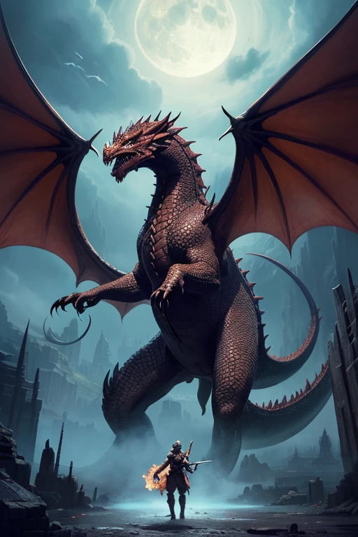 werewolf, shapeshifter, transforming, metamorphosis, dynamic pose, colorful, vivid colors, detailed, best quality, masterpiece, humanoid, evil, concept art, epic, furious, red eyes, concept:Battle scene with a dragon. quality:(highest quality, 4k, High resolution, masterpiece:1.2), Super detailed, (fantasy art,oil:1.5), High quality artwork, delicate brushstrokes. composition:Bokeh, Dynamic composition, a powerful sense of movement, dungeons&inspired by dragons, The overall dramatic atmosphere of the scene, original composition, dutch angle, moving depiction. Subject information:(((Red Dragon:1.2, Giant Monsters))), large dragon with blck scales, fierce battle, adrenaline, atmosphere of battle. Other details:An illustration of a scene from a legendary RPG, Combat action in the dungeon, Billowing dust and smoke, Magical effects released by a wizard, (magic scroll), dynamic angle, Angry voice, powerful wave roar, luster, smooth aerodynamic shape, Battle maneuvers that require concentration, energetic atmosphere, The perfect balance of chaos and precision, thrill, a powerful sense of movement, Background fantastic imajinasi.