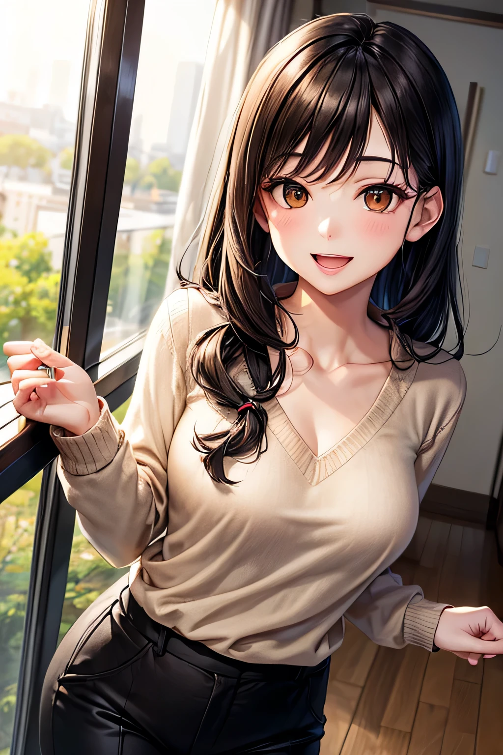 1 Woman Standing, /(Oversized sweater/) V-neck, Mature Woman, /(Brown Hair/) bangs, A gentle blushing smile, (Masterpiece of the highest quality:1.2) Delicate illustrations, super detailed, Big tits pantyhose ripping /(Modern house living room/) indoor