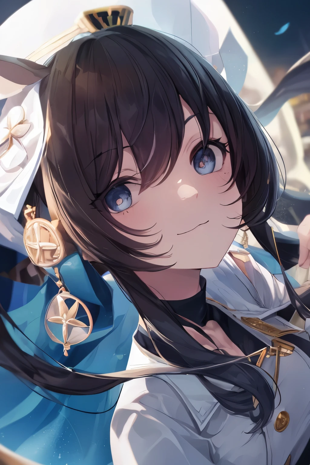 (table top.top quality).(dynamic angle). (CG paintings with impressive details),( perfect picture)、bande dessinée.shape.1 girl.detailed face、Close.delicate face、Girl in a Delicate Uniform、 rough skin、black hair.length、(Umami Girl)Umami Girl、((beautiful blue eyes)).delicate and Beautiful Eyes、beautiful eyes、Reflective Eyes、smile.(watches the audience:1.3).(Face is a little red:0.8)、 8k Wallpaper、cowboy shooting、 reverse exchange、 most detailed、complicated、excellent background 、 rough skin、fine skin、(super resolution)、 in uniform