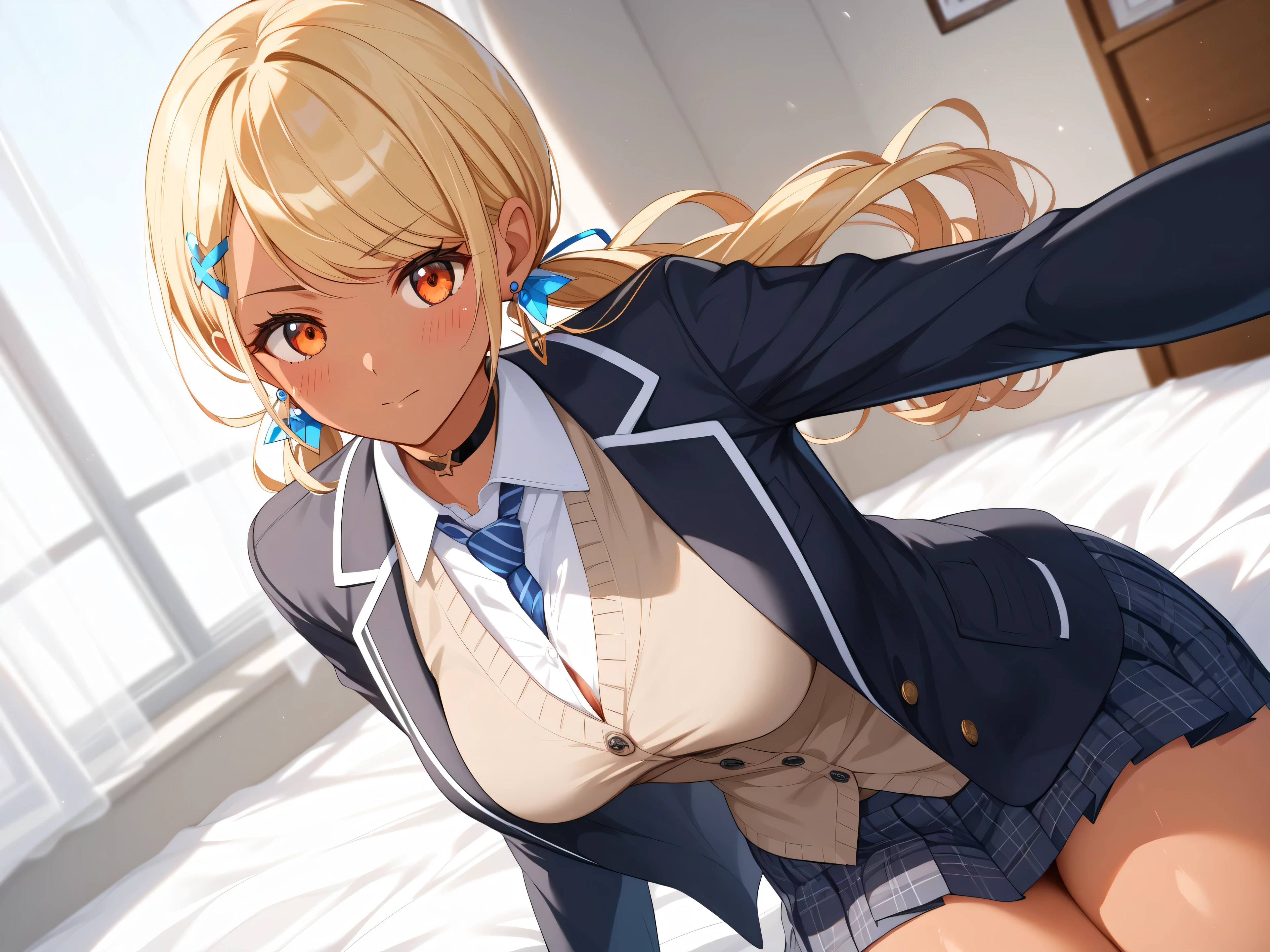 master piece、Best Quality,Super detailed,High resolution,Extremely detailed CG,Unity 8K Wallpaper,weat,score_9, score_8_up, score_7_up, score_6_up, score_5_up, score_4_up, source_anime,QpiOriginal, orange eyes, dark skin, blonde hair, long hair, swept bangs, low twintails、 flower hairclip, blue earrings, black choker,school uniform,professional quality、big hip、medium breasts,nsfw,bed room,nsfw,Romanticism、thick thighs,wide hips,NSFW,armpit focus,big butt,Official Art,mature female,perky breasts,arms behind back,arm support,embarrassed,cleft of venus,athletic female