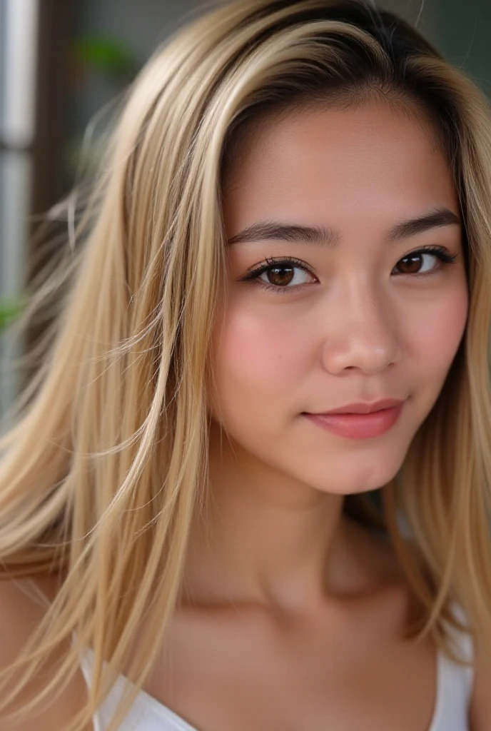 Saw a young Thai woman with a fit body sitting at a coffee shop., wearing a white bikini She smiled and held a coffee mug with her friend., Create a fun atmosphere. This masterpiece, Presented in ultra-detailed 8K resolution., Showing every beautiful detail. Her eyes., Full of life and expression, Charming and beautiful., while her nose, Sharp and clear, Complementing the structure of her face. She is very long, Golden blonde hair cascaded over her shoulders., Add brightness to the scene. This close-up photo was taken at a park., Depth of field is artfully used to bring clarity to the woman and her coffee.