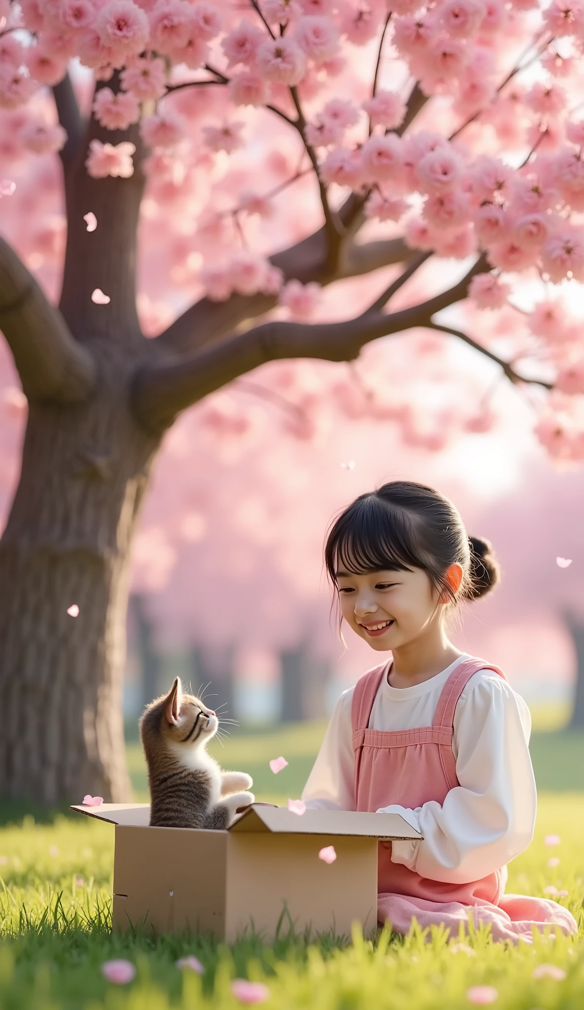 A spring park with cherry blossom petals falling、A cardboard box placed under a large cherry tree。A small kitten is crouching inside。4〜a gently picks up a cat。 soft light shines into the fantastic atmosphere 、A gentle moment when a cat and a girl look at each other。Realistic、high resolution、warm colors。