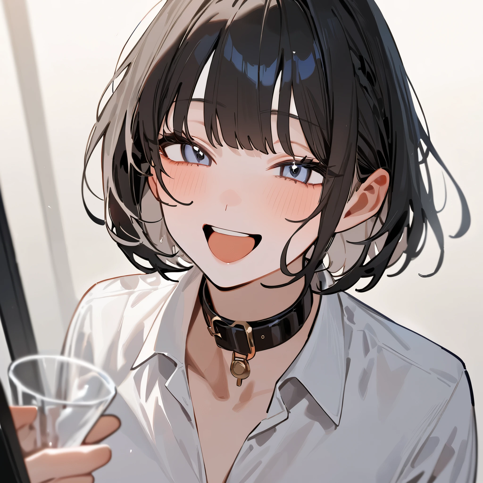 masterpiece, top quality, so beautiful, absurd,
one girl, alone, black hair, bob cut,
Thermont 16A, glass,
collar shirt、very happy expression、show viewers, white background, simple background,