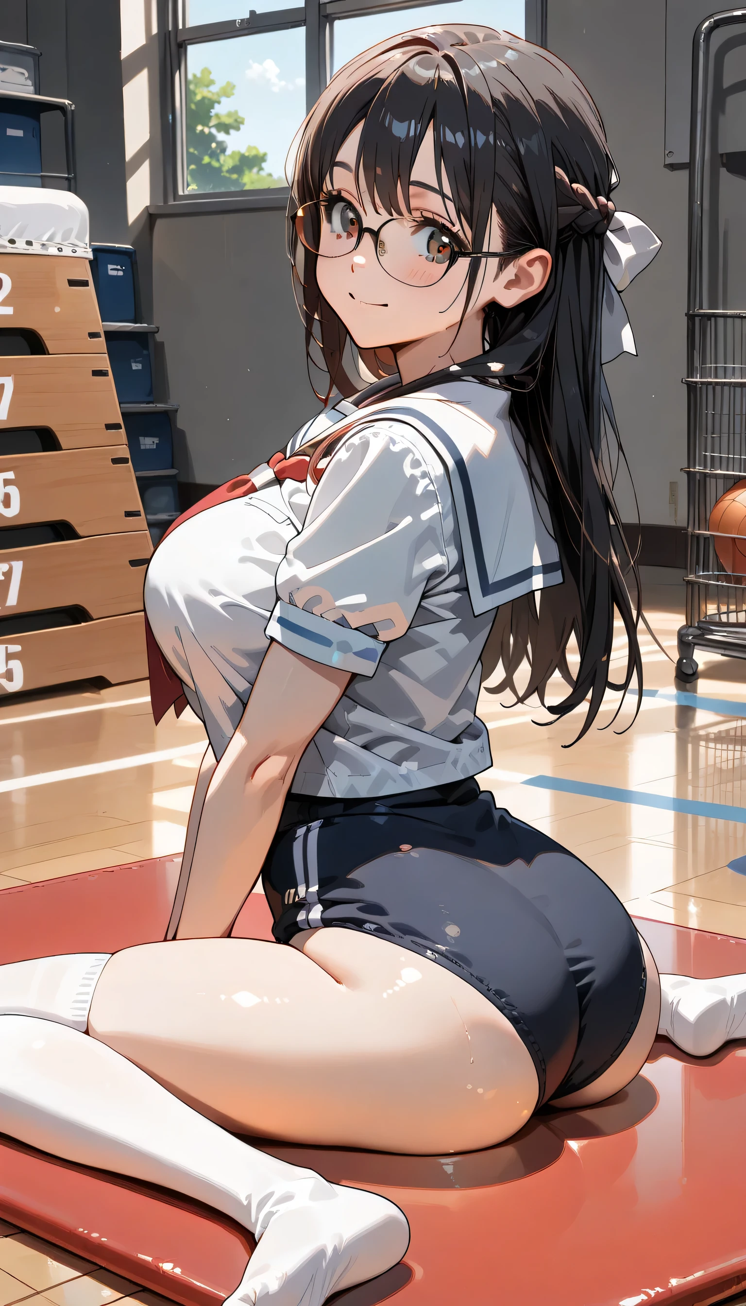 ((ultra-detailed)), (highly detailed CG illustration), (best quality:1.2), ultra-highly, girl, dainty facial structure, (baby face), (round face), ((rounded chin:1.2)), ((ideal ratio body proportions)), blue eyes, ((wearing glasses:1.4)), ((round eyewear:1.4)), moist eyes, ((black hair color:1.3)), long hair, half updo, (hair ribbon with red), ample breasts, ((white sailor school uniform:1.4)), (red tie), (navy blue school gym buruma:1.4), ((smile:1.4)), ((happy:1.4)), ((joyful:1.4)), ((full face blush:1.2)), ((Sweat:1.4)), ((looking at viewer)), ((sitting on floor)), ((wariza:1.4)), ((V arms)), (gymnasium storeroom), (sitting on a gymnastics mat), ((from behind)), ((turn around)), dynamic pose, contrapposto pose, best quality, expecting, pink cheek, blush, light pink gloss slip, portrait, depth of field, ((sparkling sunlight:1.4)), lighting, backlighting, (shine), lighting, caustics, ray tracing, perfect face, lustrous skin, highly detailed face, highly detailed eyes, perfect face, perfect nose, perfect hair, perfect eyes, perfect anatomy, beautiful hair, beautiful small face, extremely detailed face, beautiful detailed eyes, beautiful clavicle, beautiful body, beautiful huge breasts, leavage, breasts squeezed together, equalize the size of the left and right breasts, beautiful thin thighs, beautiful legs, beautiful fingers, ((4 fingers)), 1 thumb, lovely, (very detailed background:1.0), (highly detailed background:1.0), summer aesthetic, intricate details, festival atmosphere, summer colors palette, chromatic aberration