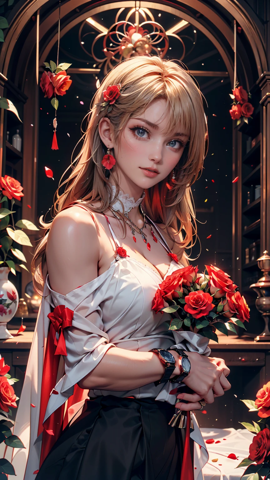 masterpiece, highest quality, One girl, 一人in, length_hair, Looking_in_Audience, white hair, Red eyes, smile, 前hair, skirt, shirt, length_sleeve, hin, dress, bow, Holding, Closed_mouth, flower, Frills, hair_flower, flowerびら, flower束, Holding_flower, center_Frills, bonnet, Holding_flower束, tachi-e, whole body, White Background, 、topless、Bottomless