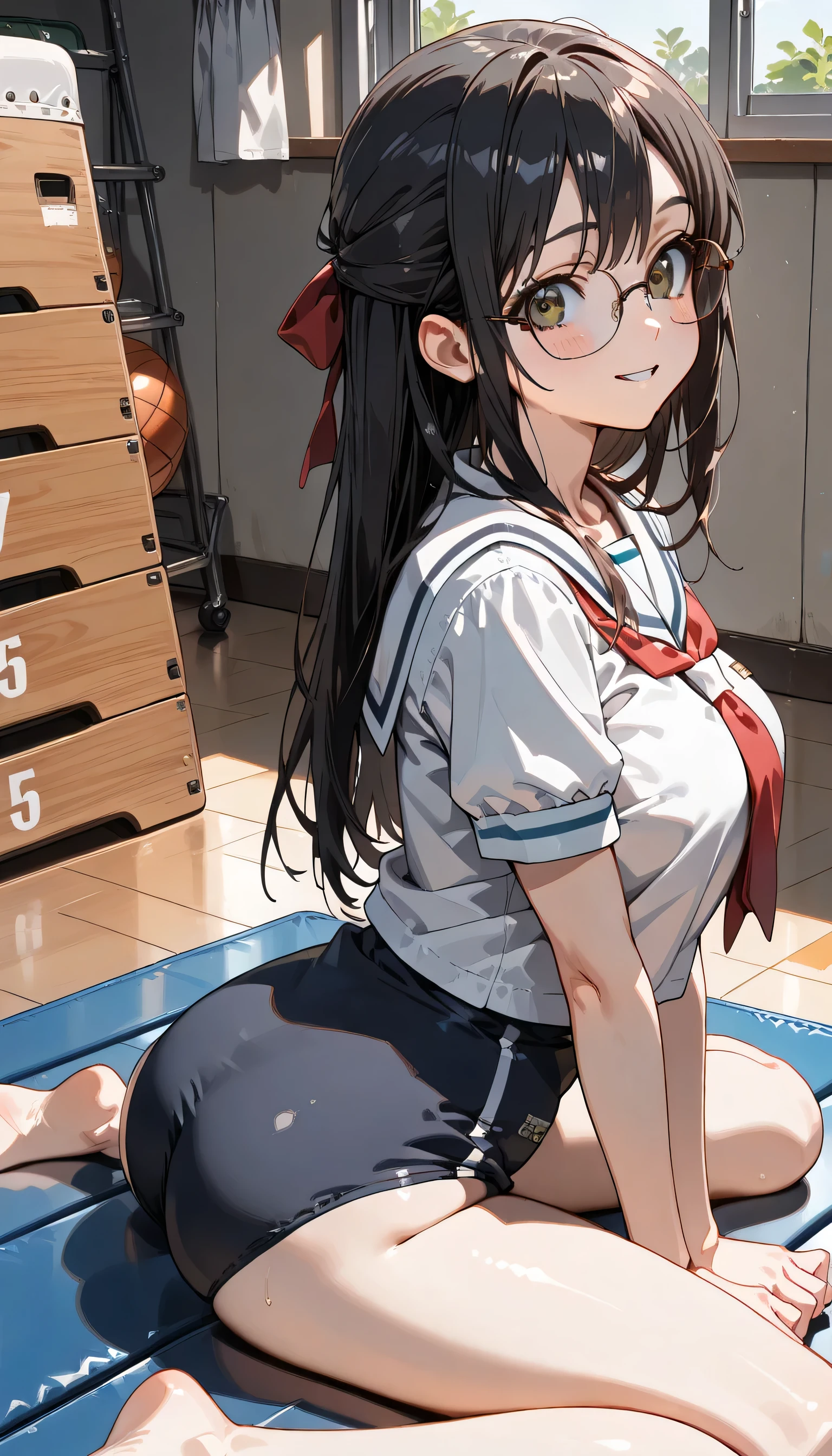 ((ultra-detailed)), (highly detailed CG illustration), (best quality:1.2), ultra-highly, girl, dainty facial structure, (baby face), (round face), ((rounded chin:1.2)), ((ideal ratio body proportions)), blue eyes, ((wearing glasses:1.4)), ((round eyewear:1.4)), moist eyes, ((black hair color:1.3)), long hair, half updo, (hair ribbon with red), ample breasts, ((white sailor school uniform:1.4)), (red tie), (navy blue school gym buruma:1.4), ((smile:1.4)), ((happy:1.4)), ((joyful:1.4)), ((full face blush:1.2)), ((Sweat:1.4)), ((looking at viewer)), ((sitting on floor)), ((wariza:1.4)), ((V arms)), (gymnasium storeroom), (sitting on a gymnastics mat), ((from behind)), ((turn around)), dynamic pose, contrapposto pose, best quality, expecting, pink cheek, blush, light pink gloss slip, portrait, depth of field, ((sparkling sunlight:1.4)), lighting, backlighting, (shine), lighting, caustics, ray tracing, perfect face, lustrous skin, highly detailed face, highly detailed eyes, perfect face, perfect nose, perfect hair, perfect eyes, perfect anatomy, beautiful hair, beautiful small face, extremely detailed face, beautiful detailed eyes, beautiful clavicle, beautiful body, beautiful huge breasts, leavage, breasts squeezed together, equalize the size of the left and right breasts, beautiful thin thighs, beautiful legs, beautiful fingers, ((4 fingers)), 1 thumb, lovely, (very detailed background:1.0), (highly detailed background:1.0), summer aesthetic, intricate details, festival atmosphere, summer colors palette, chromatic aberration