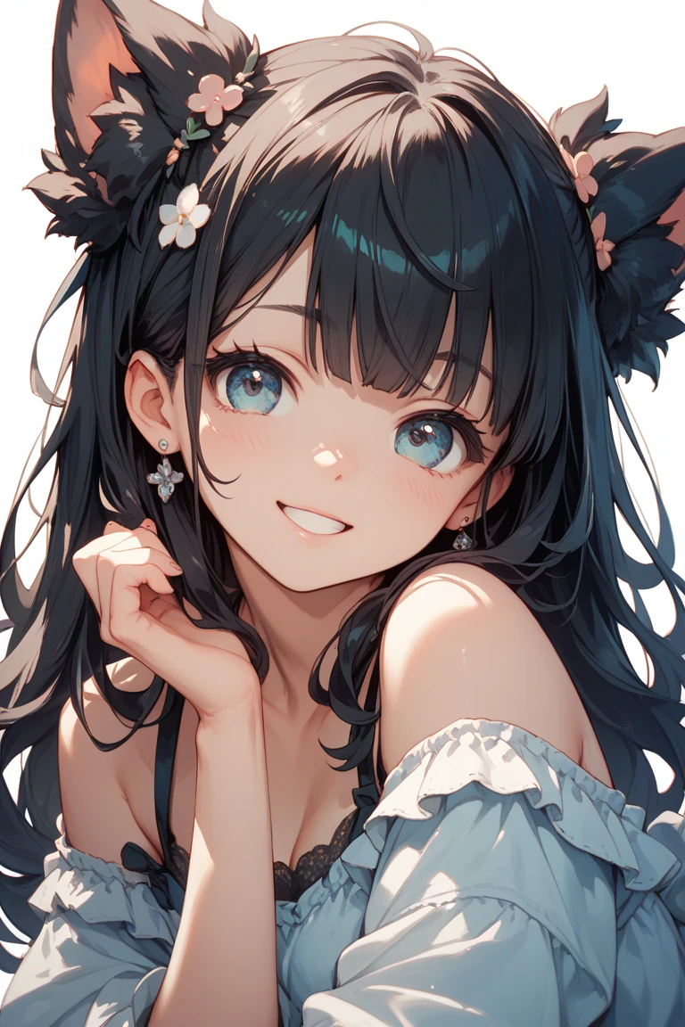 1girl, Long Hair, Looking at viewer, High Resolution, Smile, Blush, Blue eyes, Bangs, Animal Ears, Purple Eyes, Teeth, Depth Of Field, Impressionism, Best Quality, Breasts, Grin, 