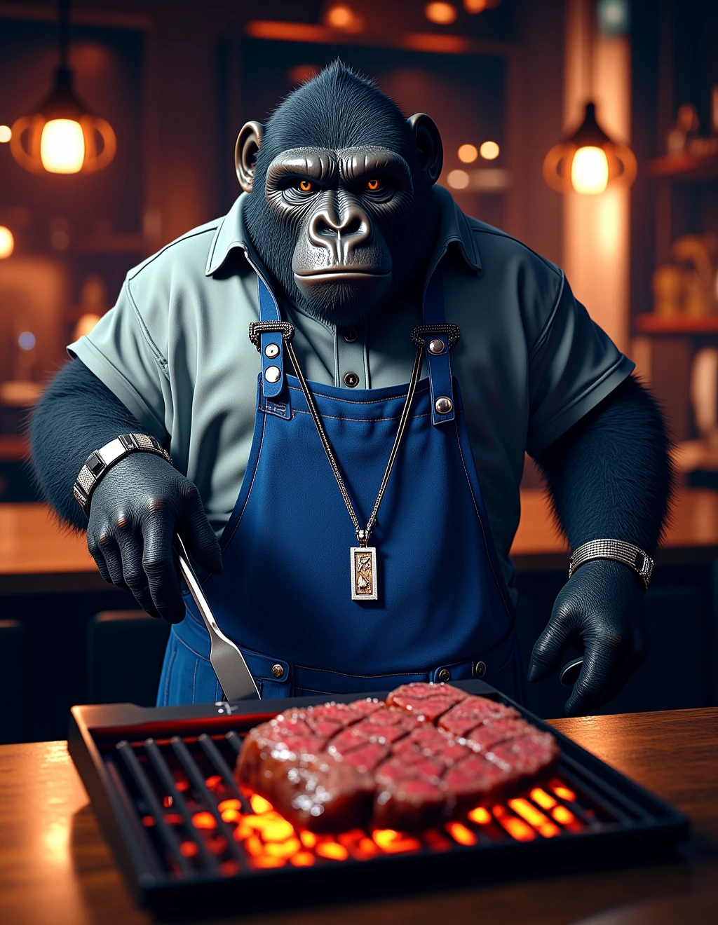 A fat skeleton is sitting on a wine barrel with a hunched back and playing with a mobile phone. The table is a burger with a cup of coffee and tea. The clock on the wall is shaped like casino chips and a large TV.