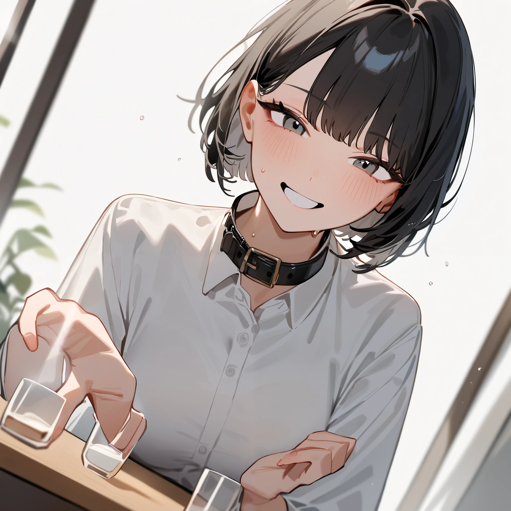 masterpiece, top quality, so beautiful, absurd,
one girl, alone, black hair, bob cut,
Thermont 16A, glass,
collar shirt、very happy expression、show viewers, white background, simple background,