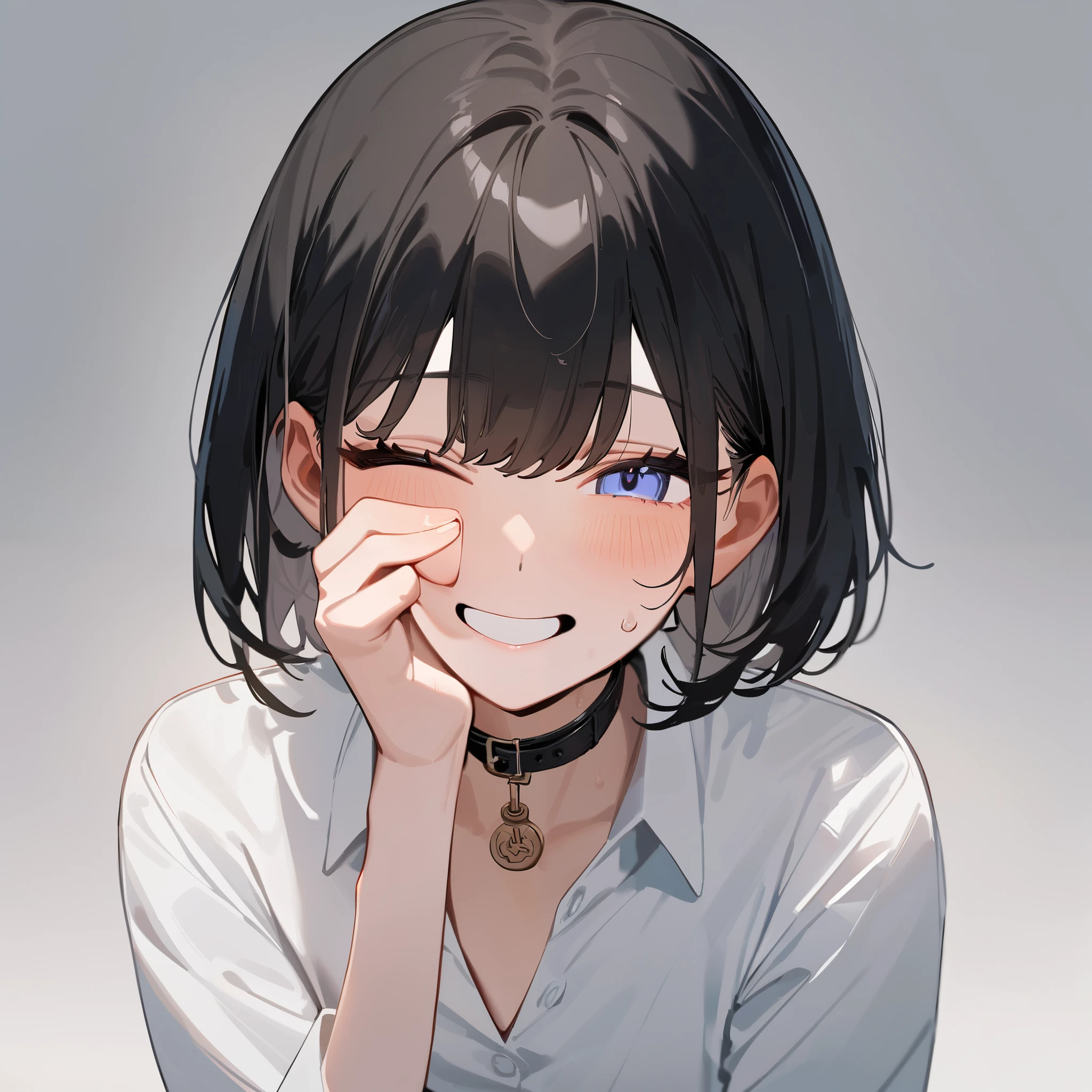 masterpiece, top quality, so beautiful, absurd,
one girl, alone, black hair, bob cut,
Thermont 16A, glass,
collar shirt、very happy expression、show viewers, white background, simple background,